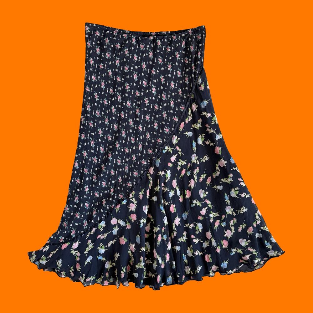 90's vintage 100% silk floral patchwork asymmetric y2k skirt Size 16